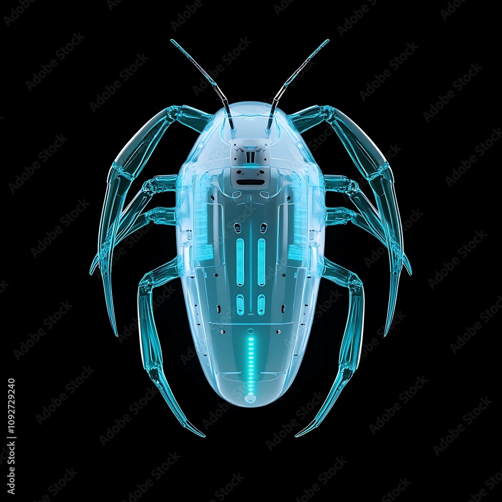 Poster futuristic transparent insect-inspired robot with glowing elements, showcasing advanced technology a