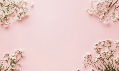 Pink background with white flowers arranged in corners, leaving central space for text or design.