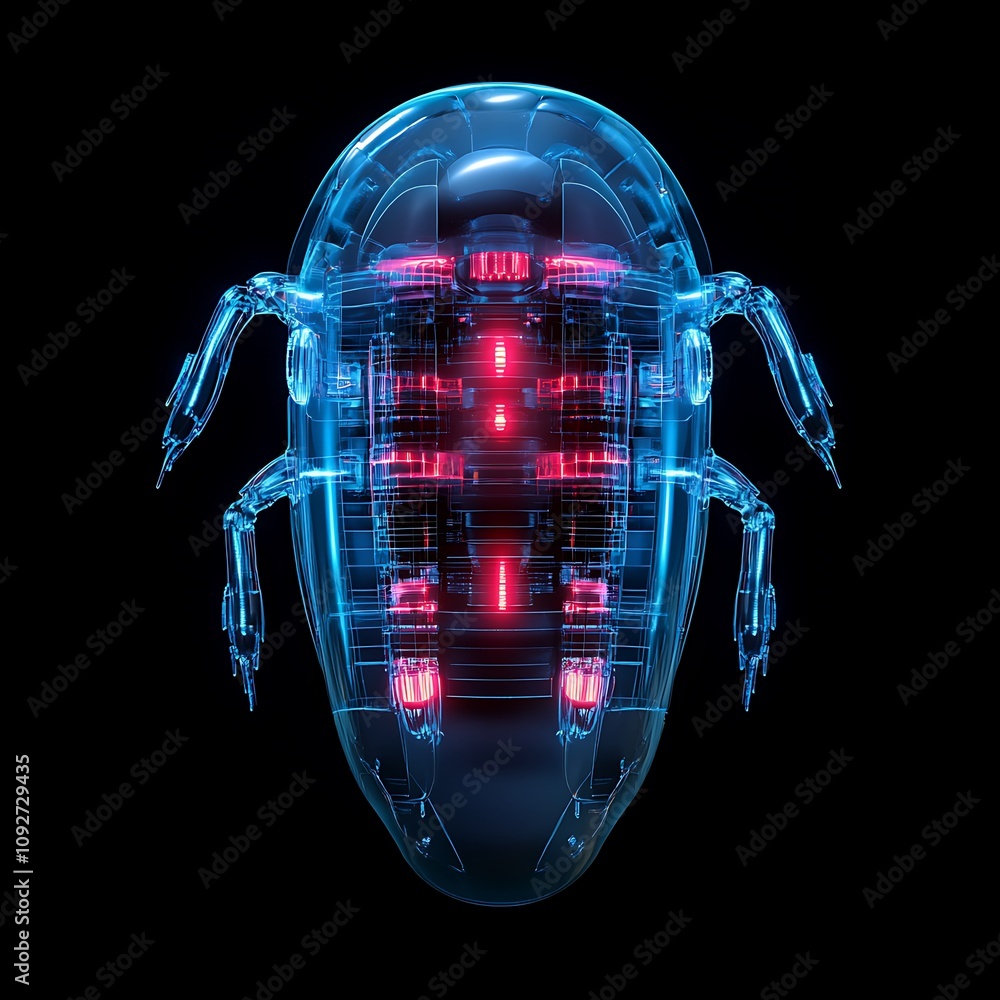 Aufkleber futuristic transparent robot bug with neon lights and intricate circuit patterns in a dark environme