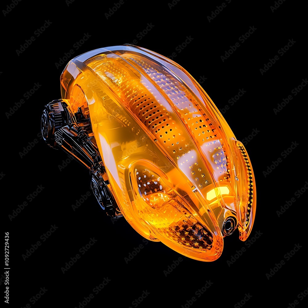 Poster futuristic transparent robot bug design with orange color, highlighting high-tech features and intri