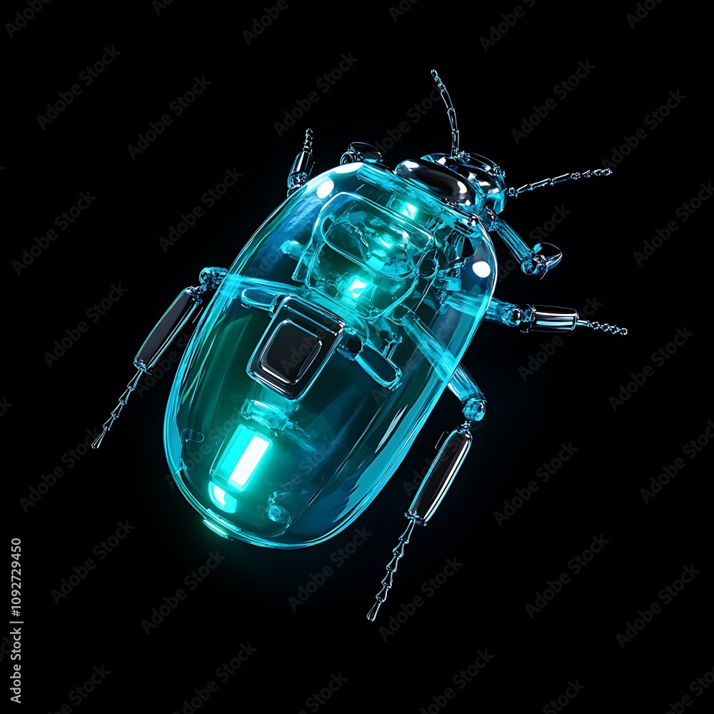 Poster futuristic transparent robot bug with glowing elements and intricate details perfect for science fic