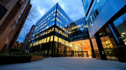 Fototapeta premium Illuminated Modern Glass and Steel Corporate Office Building in Downtown Urban Cityscape at Night