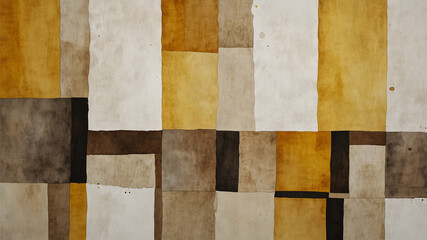 Abstract painting with a variety of rectangular and square shapes in yellow, brown, beige, and white