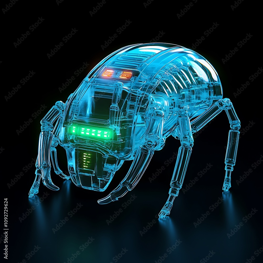 Poster futuristic transparent robot insect design with neon glow, high-tech features, and digital display i
