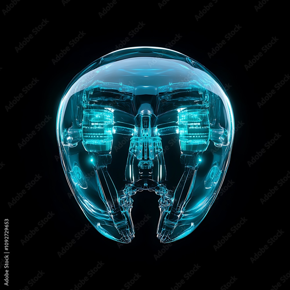 Poster futuristic transparent robot head design with glowing elements and high-tech aesthetic for science f