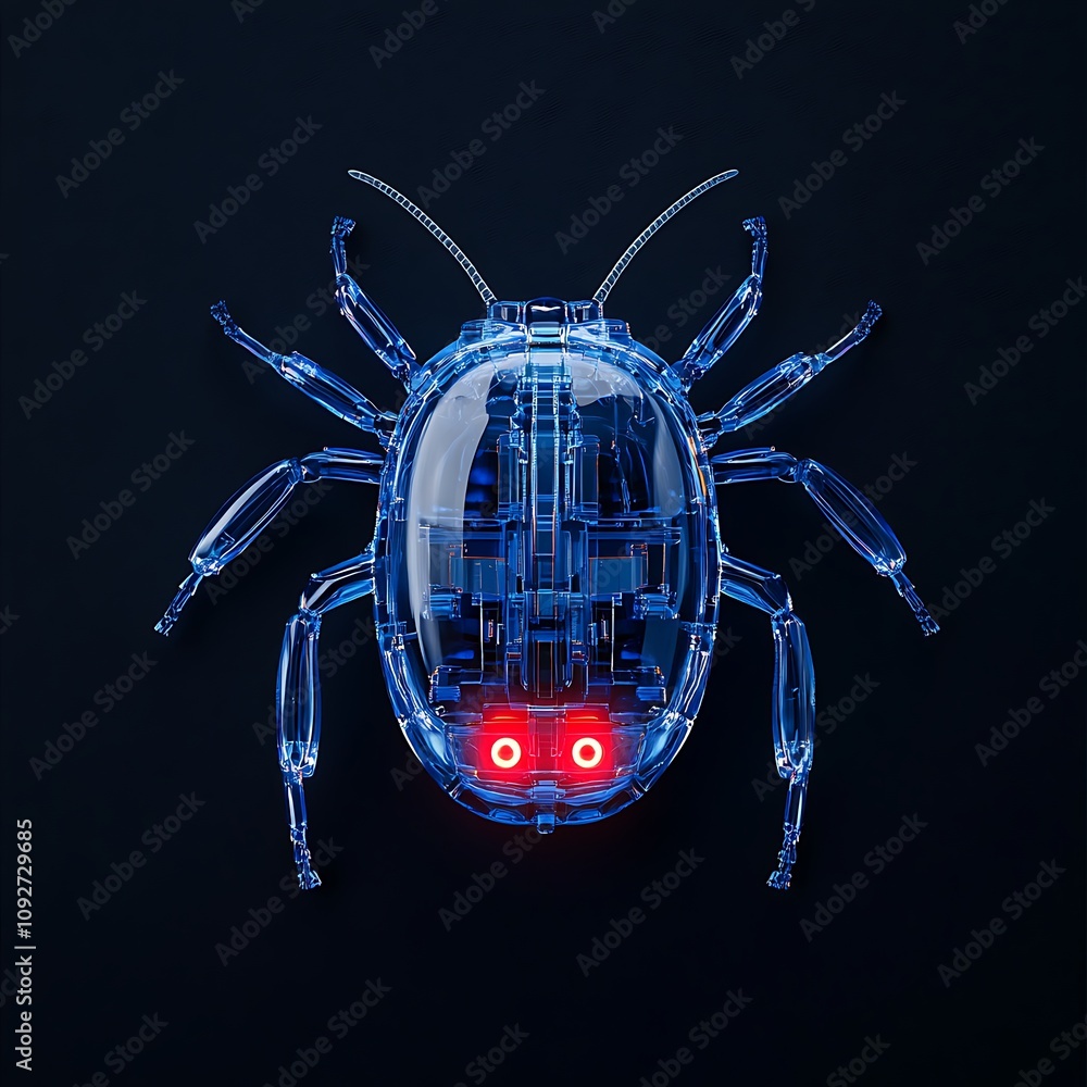 Poster futuristic transparent robot insect design with glowing red eyes and intricate mechanical details on