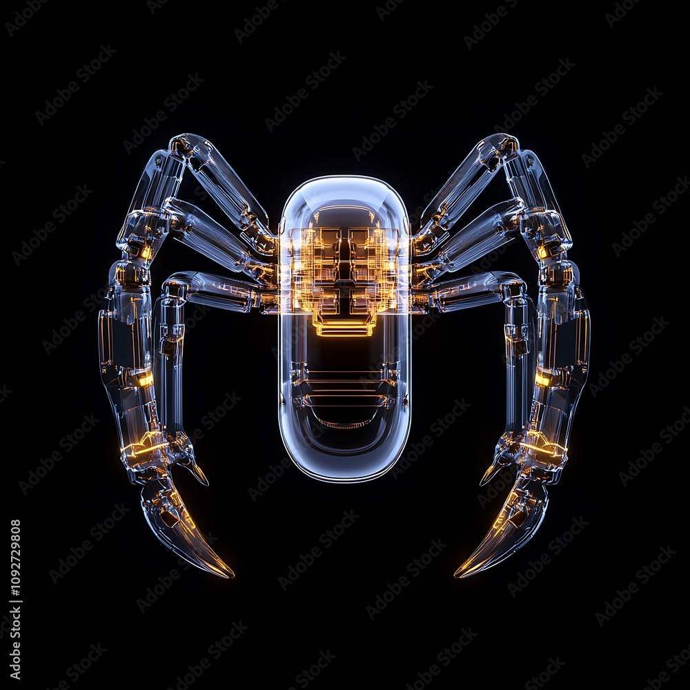 Poster futuristic transparent robot spider design with glowing features and intricate mechanical joints on 