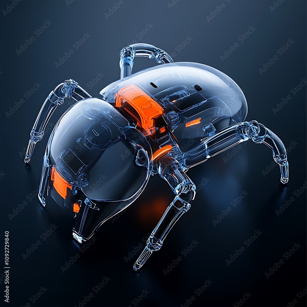 Poster futuristic transparent robot spider with mechanical components and illuminated elements against a da