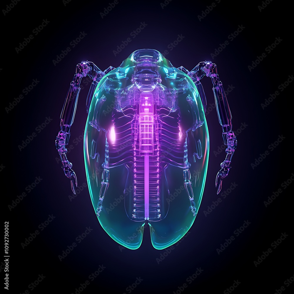 Poster futuristic transparent robotic creature with glowing lights and intricate design in a dark backgroun