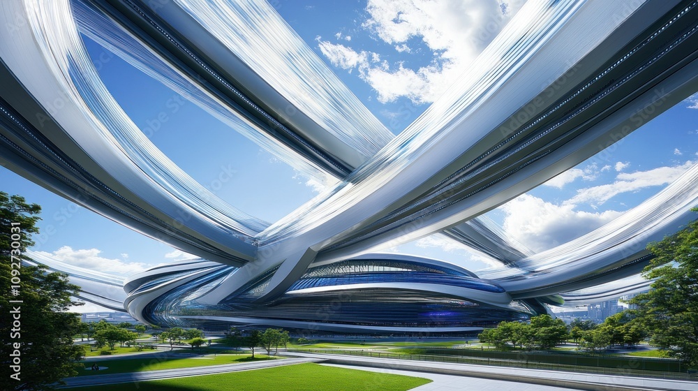 Poster futuristic architectural design featuring intertwined structures and open green spaces.