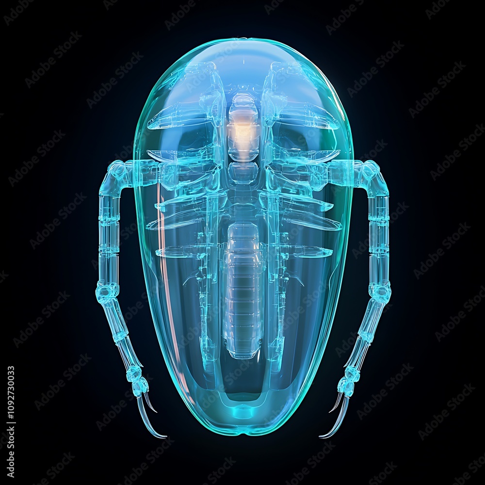 Poster futuristic transparent robotic head design with intricate internal mechanisms illuminated against a 