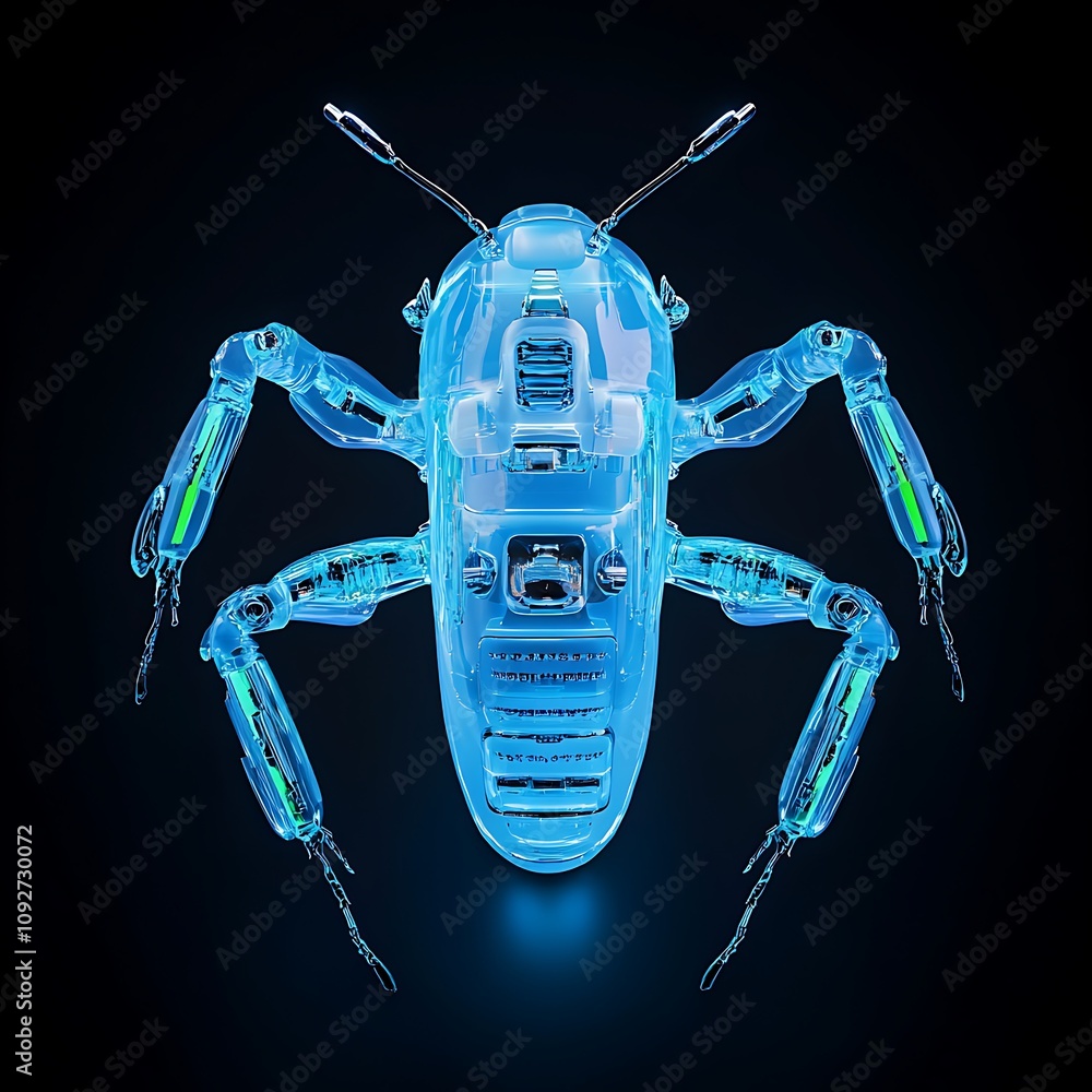Poster futuristic transparent robotic insect design with blue glow and high-tech features, showcasing innov
