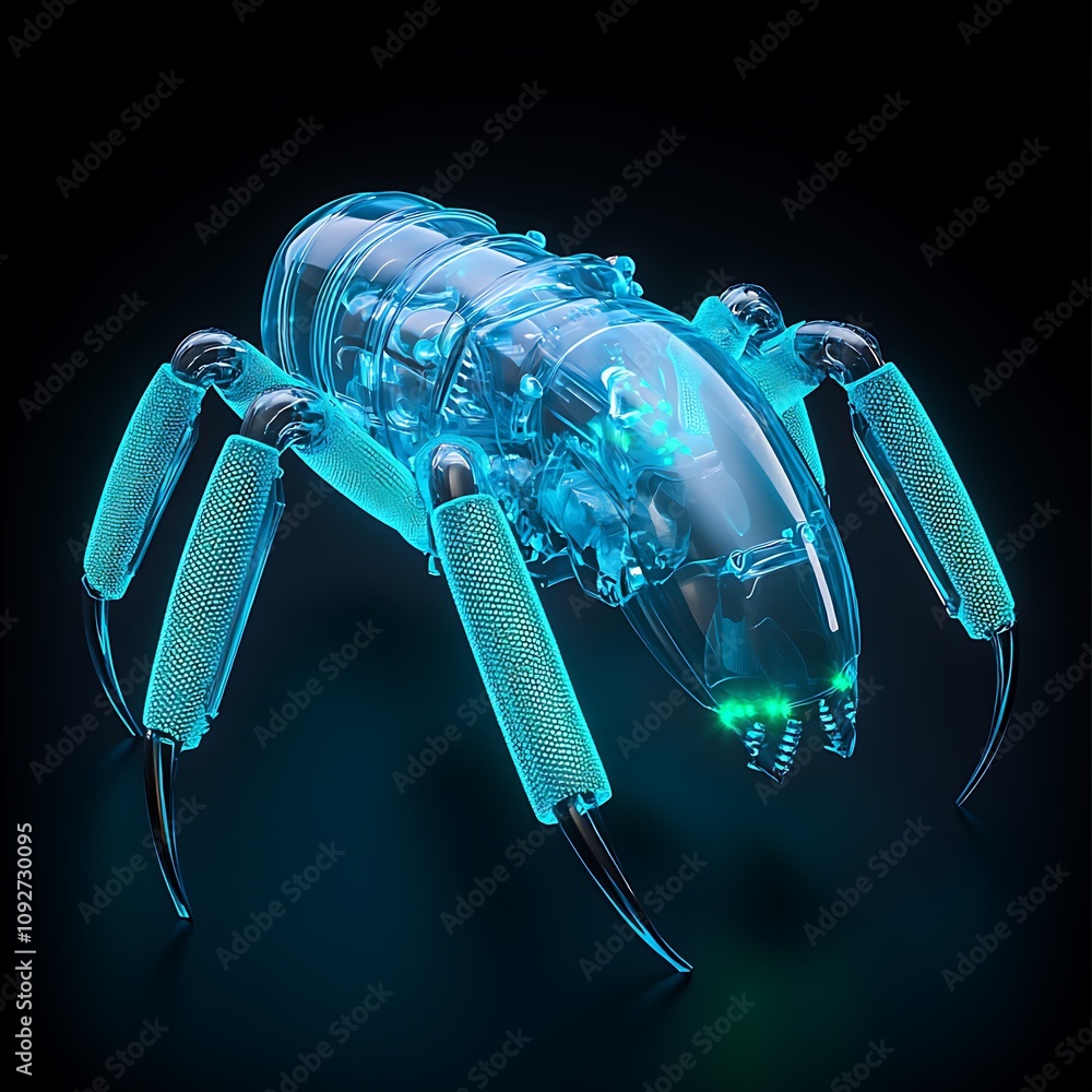 Poster futuristic transparent robotic insect with glowing accents, representing advanced technology and bio