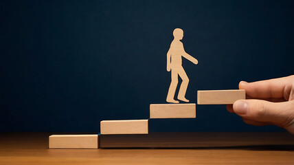 Conceptual Image of Progress and Support: Wooden Figure Ascending Stairs, progress concept, personal growth, wooden figure, minimalistic design