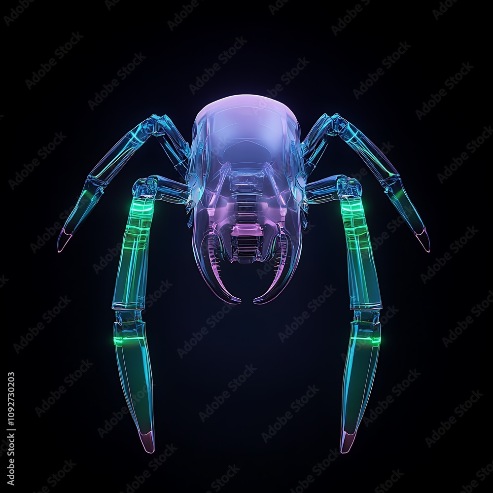 Poster futuristic transparent robotic spider with colorful neon glow set against a dark background displayi