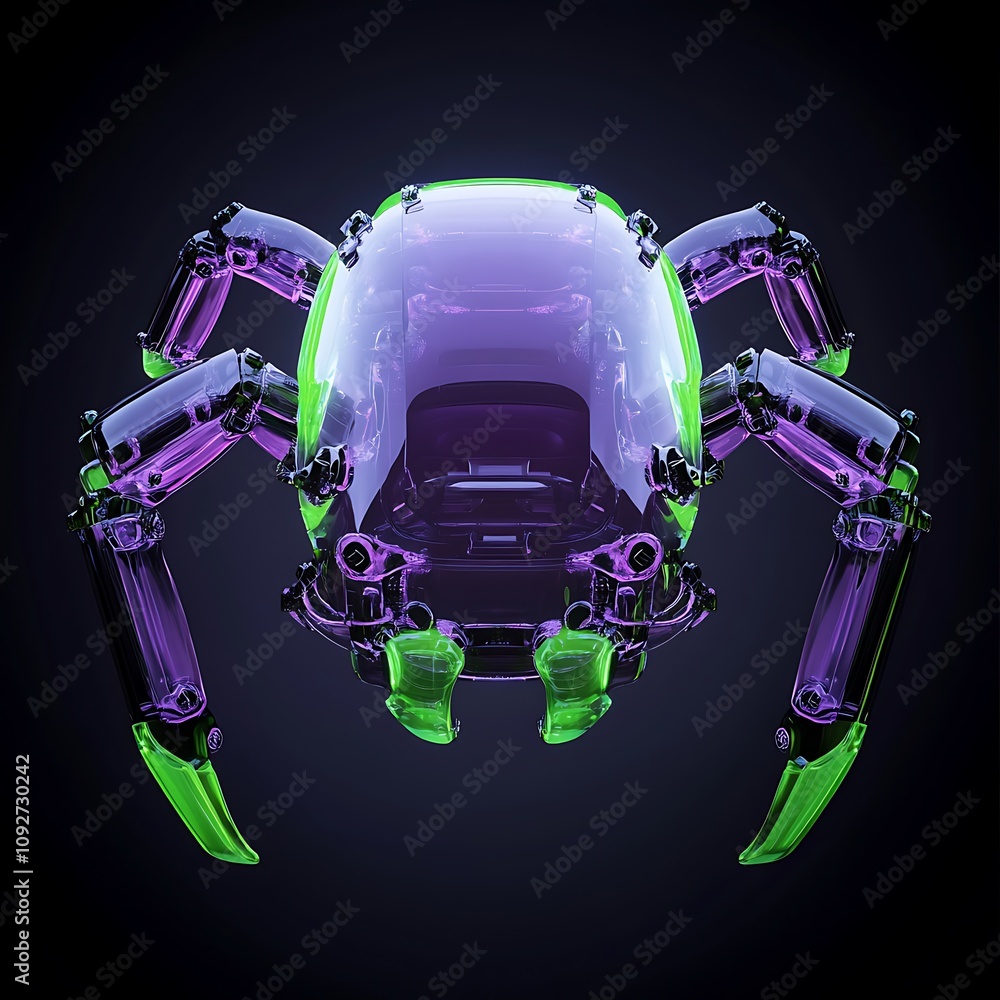 Poster futuristic transparent robotic spider with colorful accent lighting and high-tech design, serving as