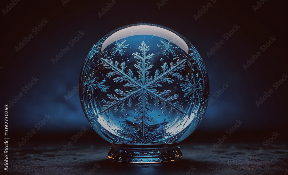 Poster clear glass ball with intricate snowflake designs etched into its surface. the snowflakes are scatte