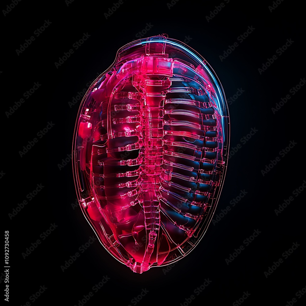 Poster futuristic visualization of a transparent shell-like structure highlighting intricate internal detai