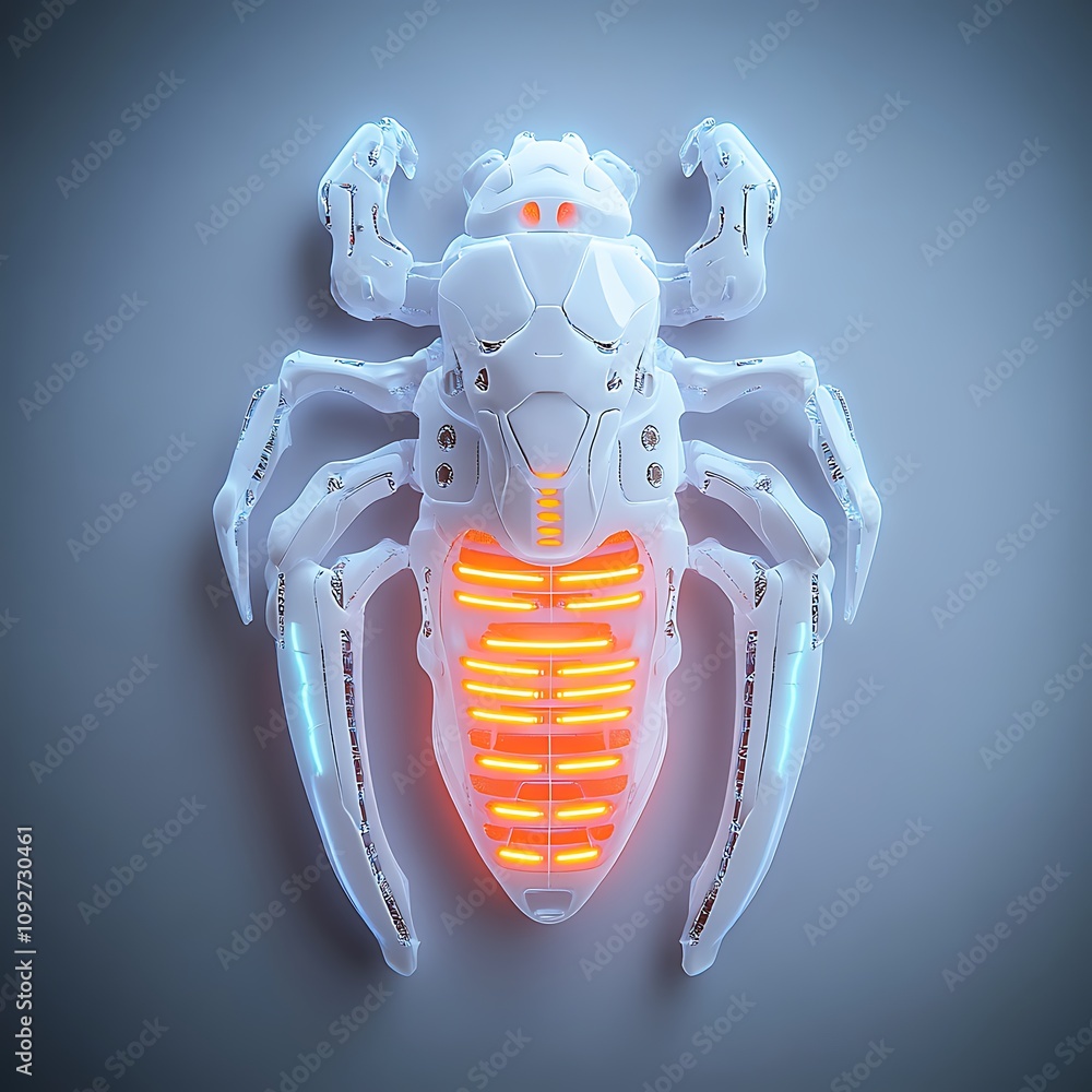 Poster futuristic white robot spider with led lights on a smooth gray background, featuring intricate detai
