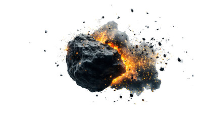 A striking visual of a massive meteor colliding dramatically, showcasing a vivid fiery explosion surrounded by flying rock fragments against a deep black background.