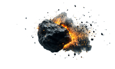 A striking visual of a massive meteor colliding dramatically, showcasing a vivid fiery explosion surrounded by flying rock fragments against a deep black background.