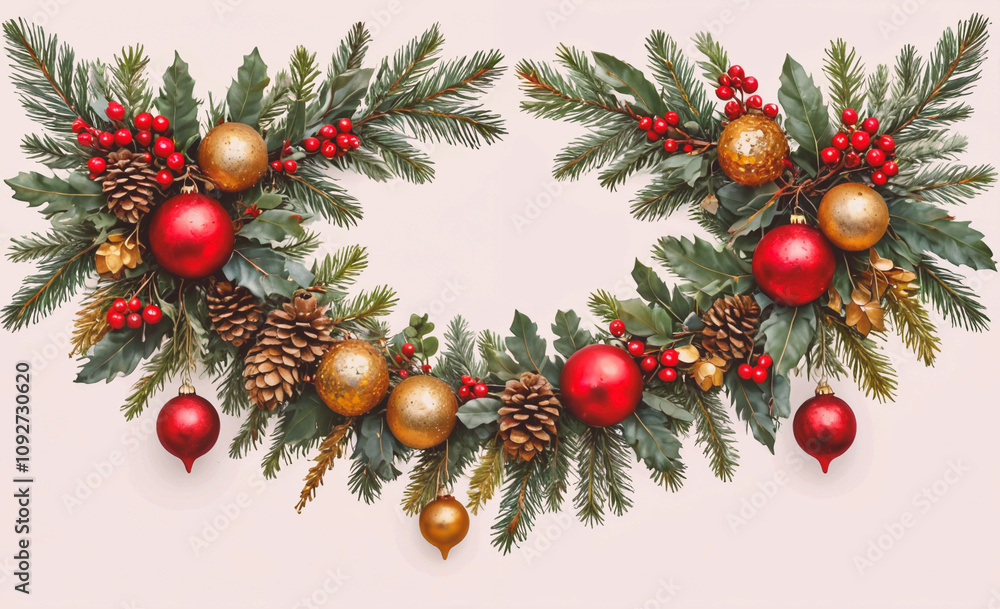 Poster beautiful wreath made of red and gold ornaments and pine cones. the pine cones are scattered through