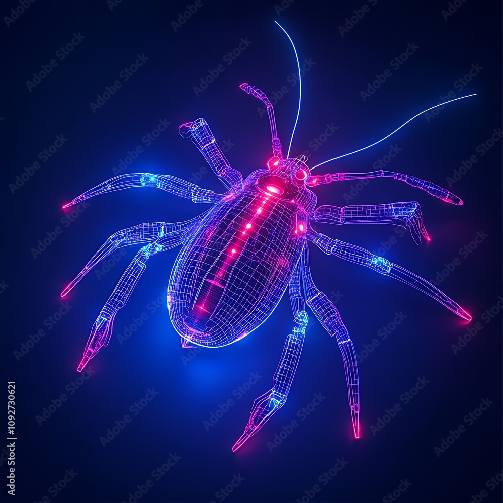 Poster high-tech digital representation of a tick in a futuristic wireframe design with neon colors, perfec