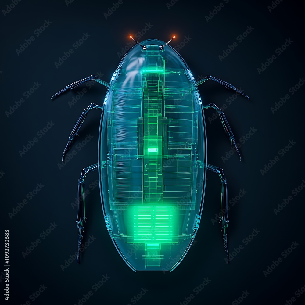 Poster high-tech concept of a transparent mechanical beetle with neon lights against a dark background for 