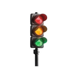 A vibrant traffic light showcasing its three colors - red, orange, and green. The distinct light...