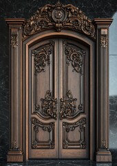 Ornate wooden double doors with intricate carvings against a dark marble backdrop.