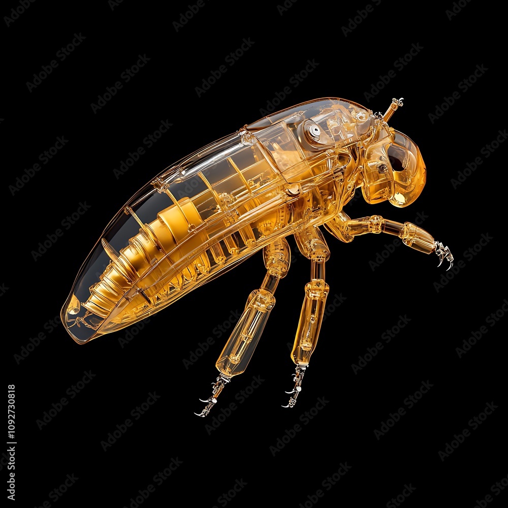 Poster highly detailed transparent 3d illustration of a flea with intricate internal structures and compone