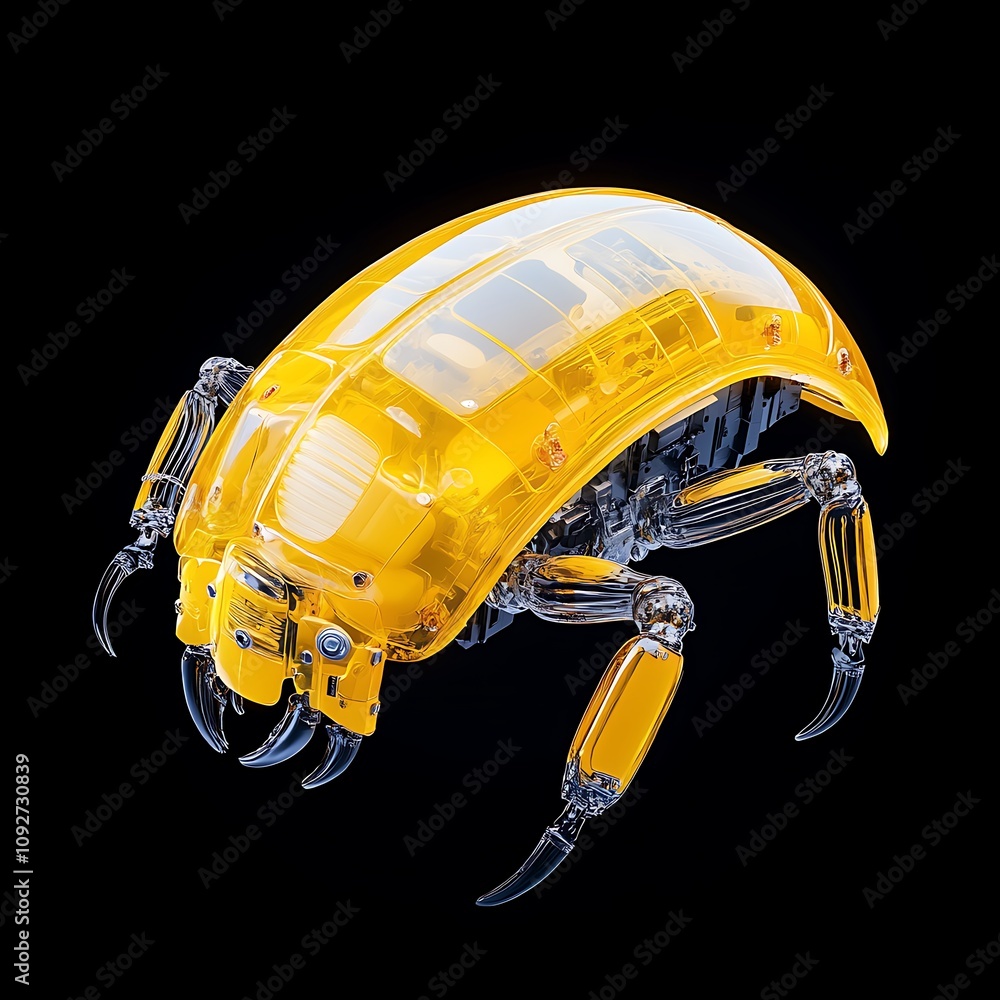 Poster highly detailed transparent yellow beetle robot model with intricate mechanical elements and an inno