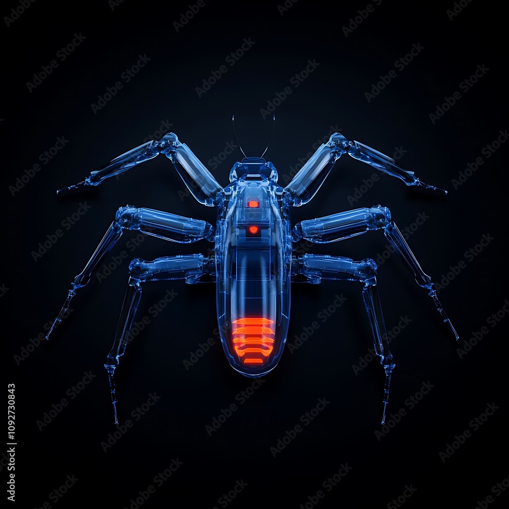 Poster hyper-realistic 3d rendered image of an insect resembling a futuristic robot, showcasing intricate m