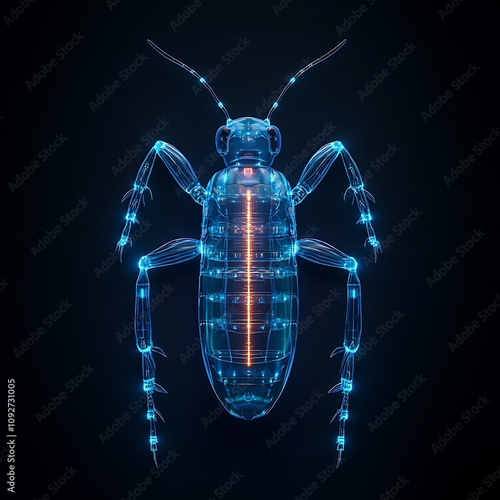Poster intricate 3d illustration of a glowing bug in neon style, showcasing detailed features and complex s
