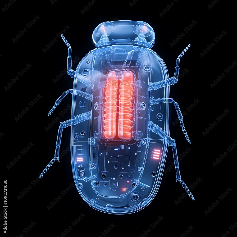 Poster intricate 3d rendering of a futuristic transparent beetle showcasing internal components and glowing