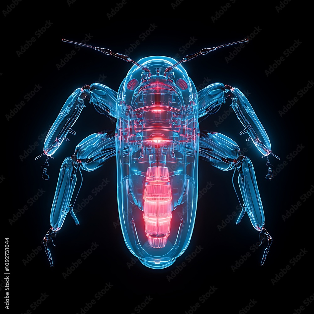 Poster intricate 3d model of a futuristic beetle with neon elements and transparent body showcasing interna