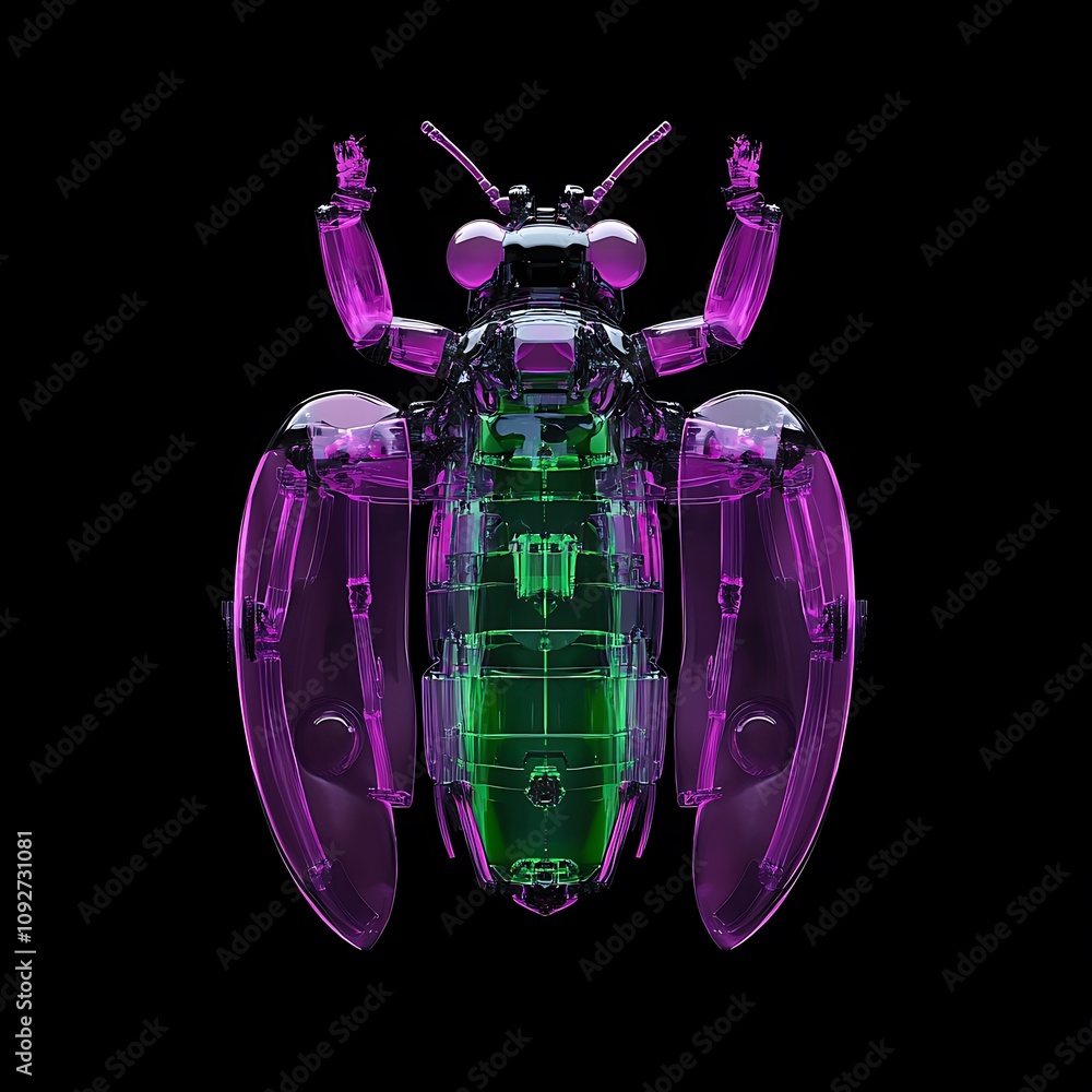 Poster intricate 3d rendering of a stylized insect with transparent and colorful anatomy captured against a