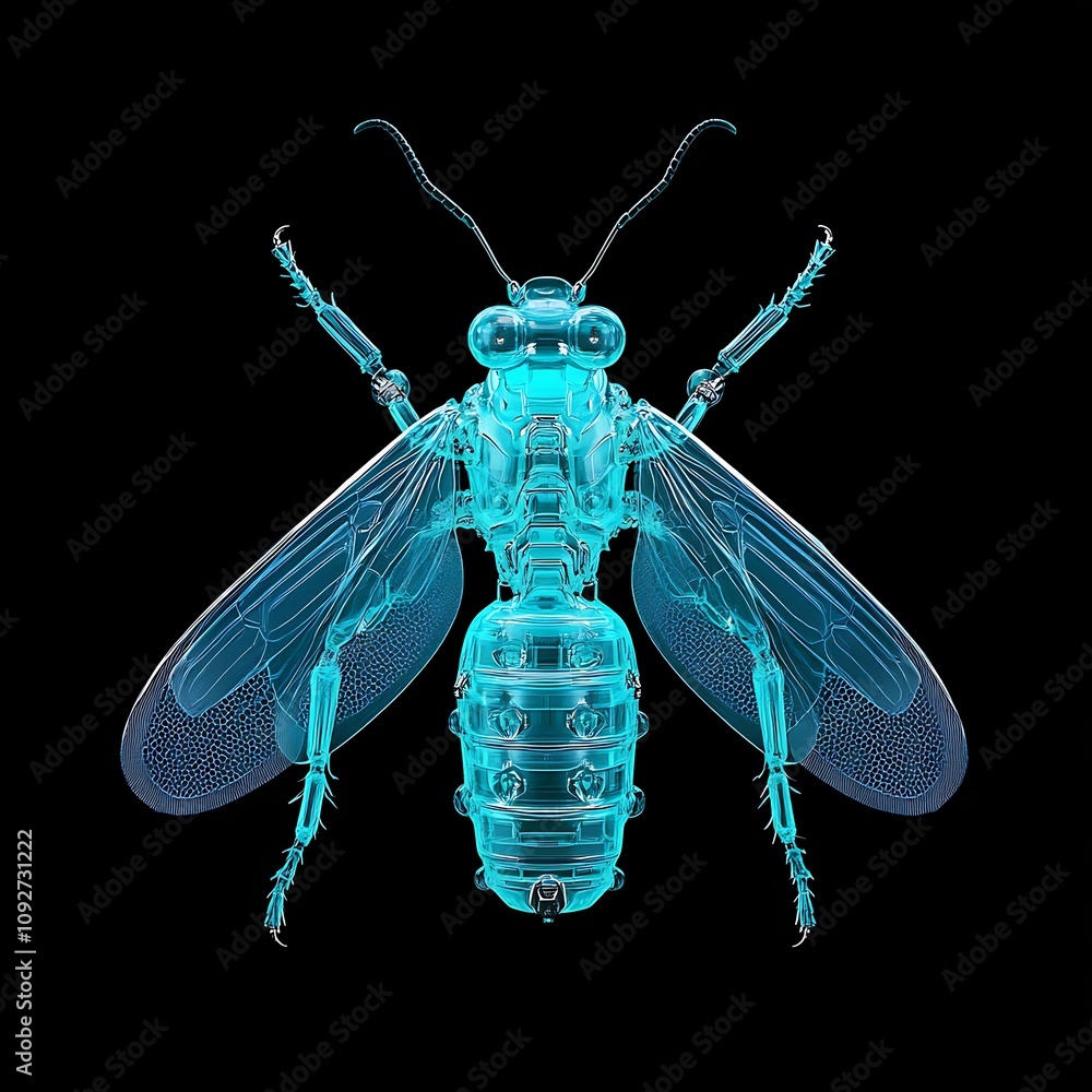 Poster intricate blue glow of a tiny insect in transparent style showcasing detailed anatomy with exquisite
