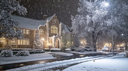 Snowfall blankets a charming neighborhood at night with illuminated homes and serene streets