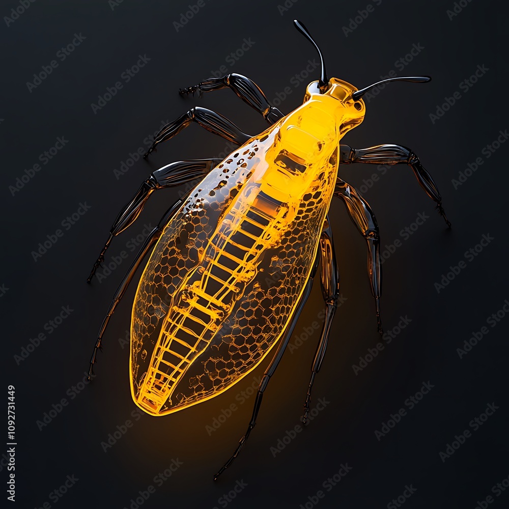Poster intricate close-up of an exquisite transparent insect, showcasing unique body structures and lifelik