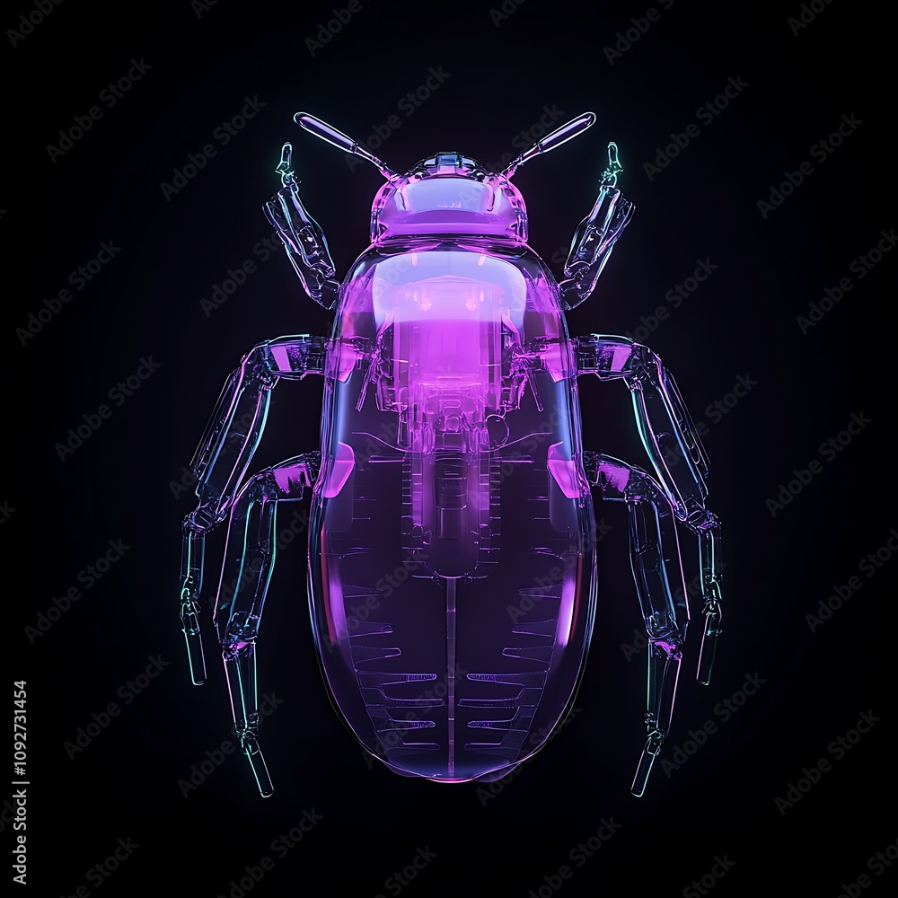 Poster intricate digital illustration of a transparent insect in futuristic design with neon colors and abs