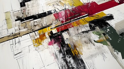 An abstract painting with visible brush strokes and an emphasis on color, incorporating elements of architecture such as windows or doors