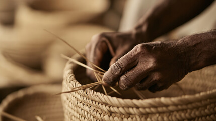A close-up of a skilled artisan&acirc;&euro;&trade;s hands weaving a basket from natural materials, with a background of raw reeds and completed baskets. The texture of the weaving and earthy tones emphasize the