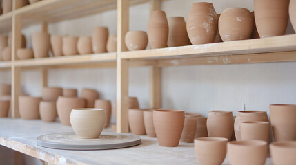 A serene workshop featuring a potter shaping clay on a spinning wheel, with shelves of unique handmade pottery in various earthy glazes. The soft lighting highlights the artist&acirc;&euro;&trade;s dedication to their