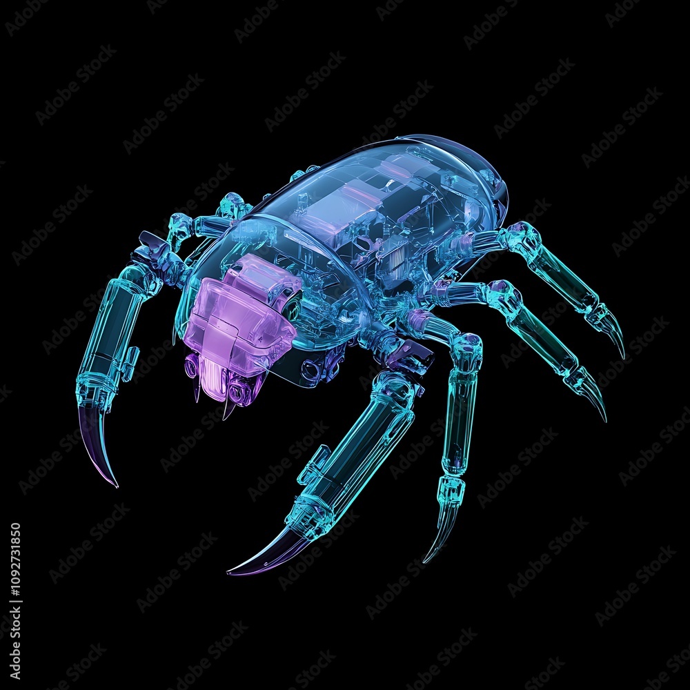 Poster intricate transparent robotic insect model with circuitry and mechanical parts displaying a blend of