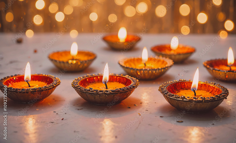 Poster Row of lit candles in gold and orange bowls are arranged in a straight line. The candles are lit and are evenly spaced, creating a warm and inviting atmosphere. The bowls are of various sizes