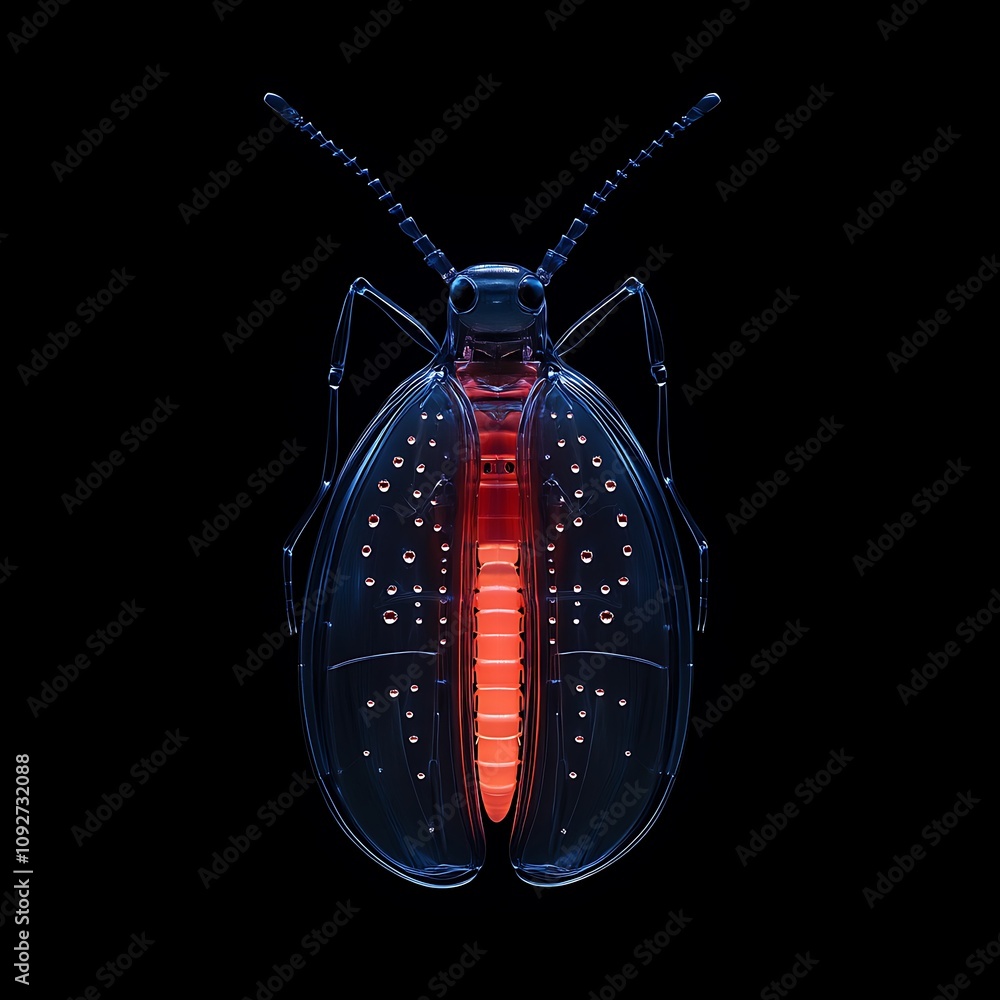 Poster intricately detailed illuminated beetle with bioluminescence displaying unique features in a dramati