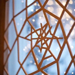 Create a Close Up (CU) cartoon view of Winter Solstice window decorations. Apply Rack Focus to highlight a specific detail, such as snowflakes or lights, with the rest of the window and decorations so