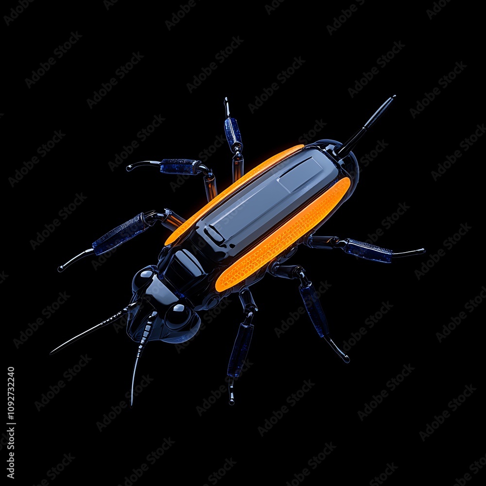 Poster realistic cgi rendering of a black and orange beetle with detailed features, highlighting its exoske
