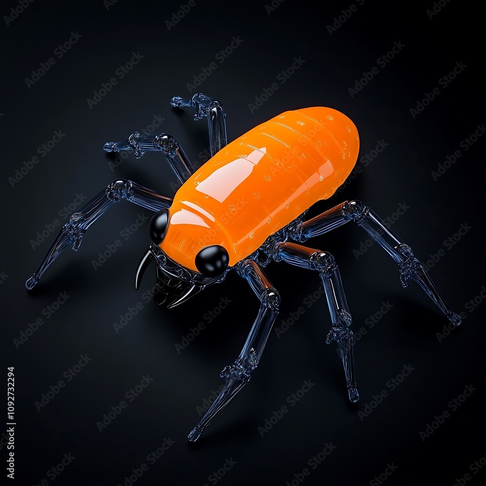 Poster realistic render of an orange and black spider on a dark surface, emphasizing the unique structure a